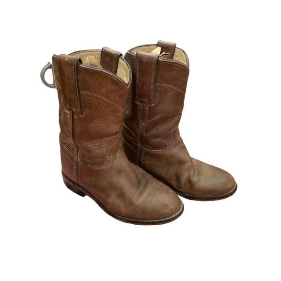 Justin Youth Roper Western Boots Brown Leather Unisex Broke In Size 9 1/2 D - Picture 2 of 6